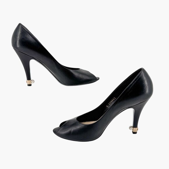 Chanel Peep Toe CC Logo Pearl Black Leather Pumps High Heels Size 38.5 US 7.5-8 - Picture 11 of 16